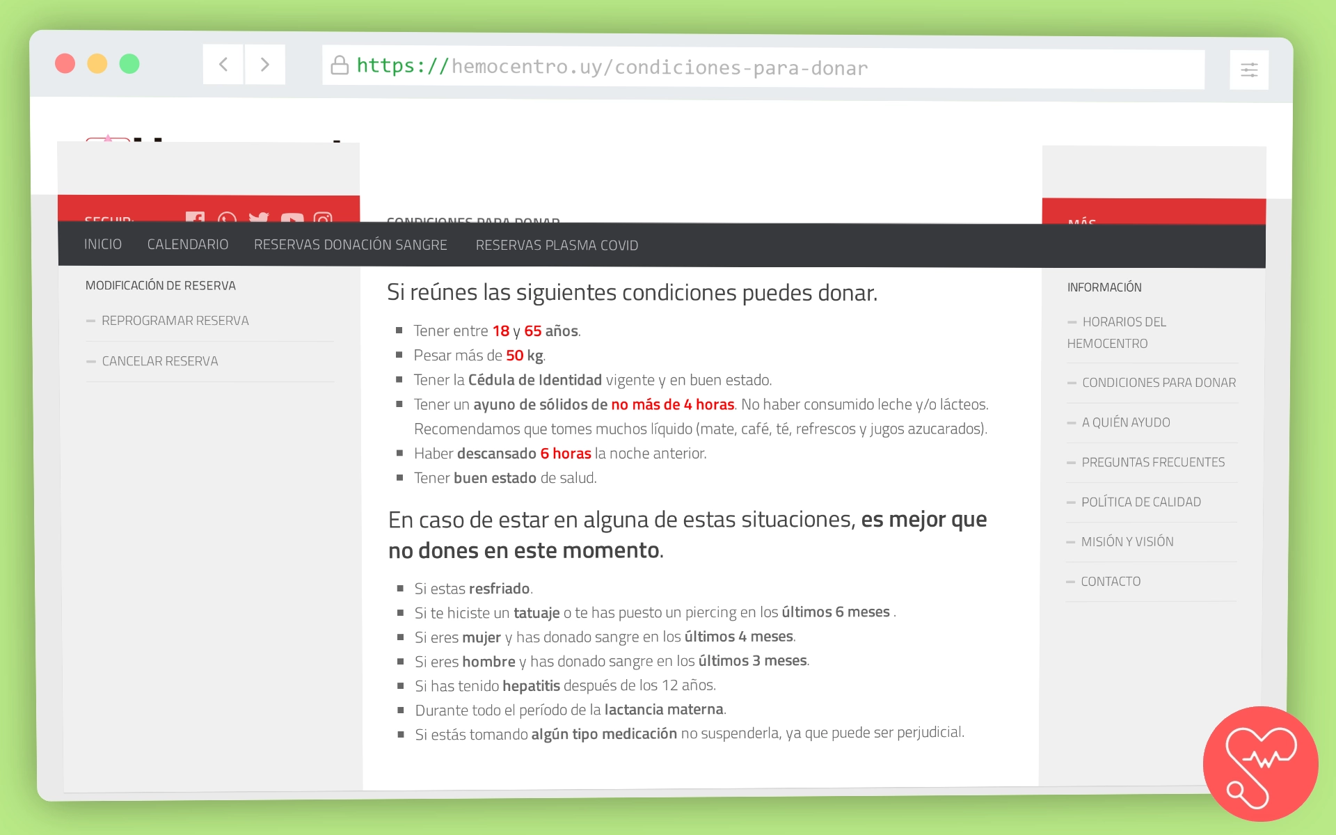 Sitio web con los requisitos para donar sangre hemocentro de Maldonado.